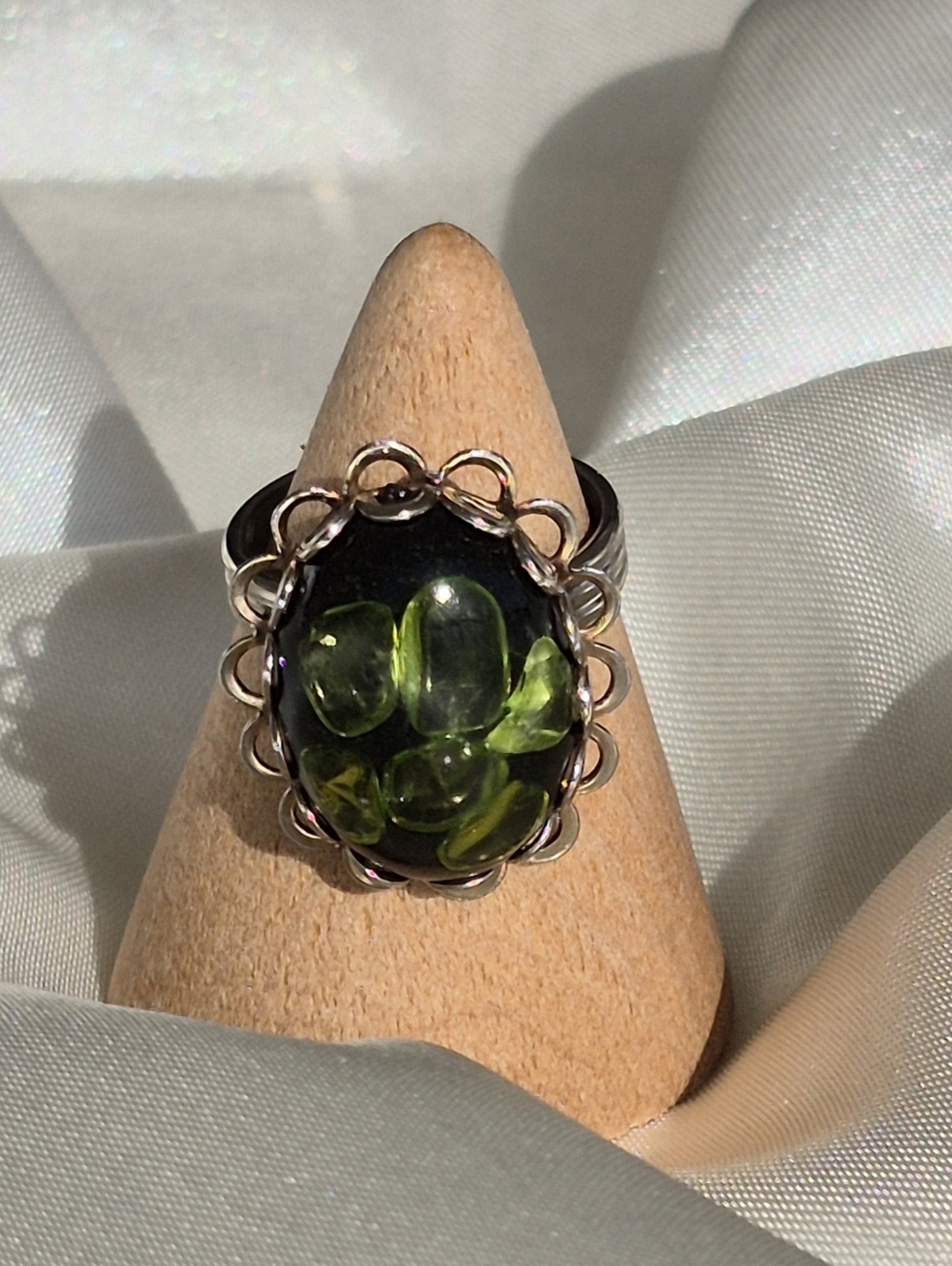 Handcrafted Green Cabochon Ring - Silver Setting.  Adjustable Size.